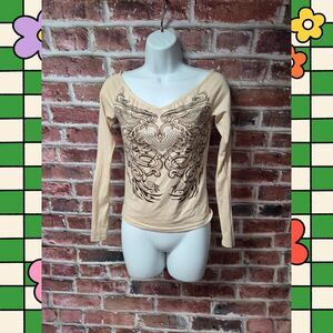 Cider Top XS‎ | Tan Rhinestone V Neck Long Sleeve Y2K Coquette Sparkle Chic